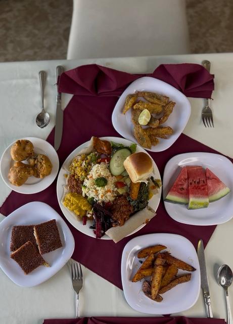 Overhead hotel food spread photography